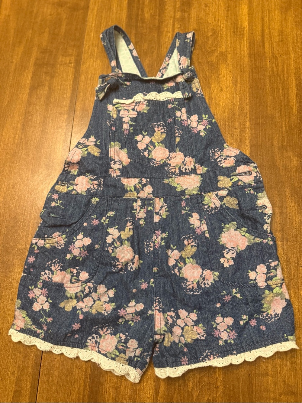 Matilda Jane Blue Denim-Style Floral Lace Shortalls with Pink Flowers